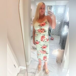 Floral Midi Bodycon Dress Lace Trim Mint Green Size Large